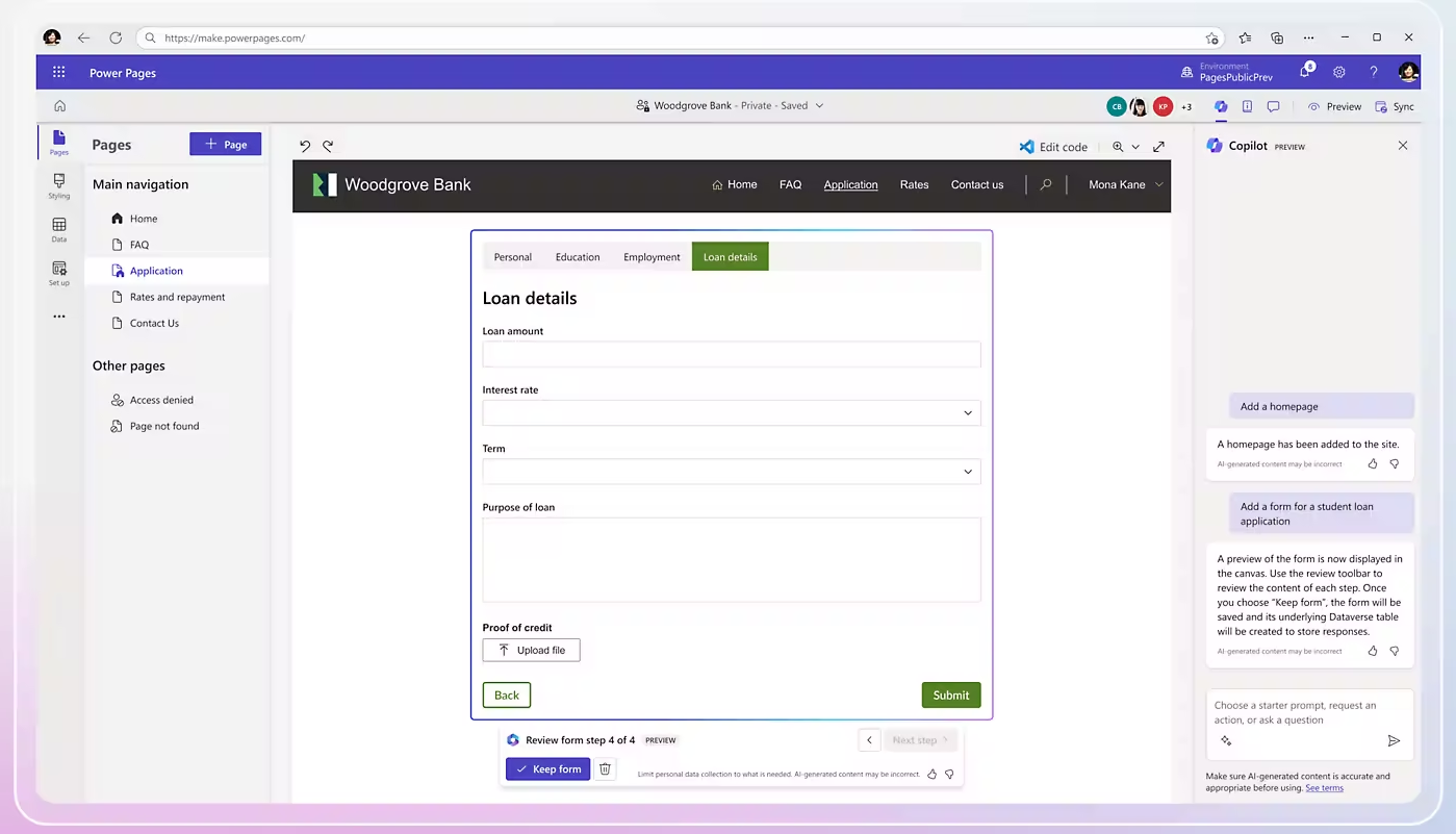 Inteligência Artificial Copilot integrado ao Power Pages 