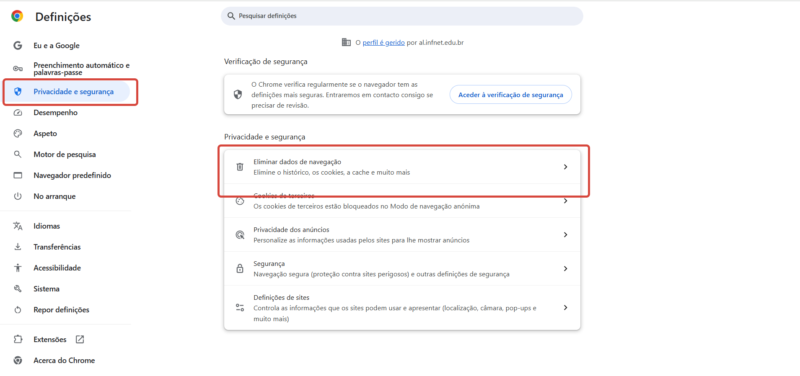 Privacidade e segurança no google chrome