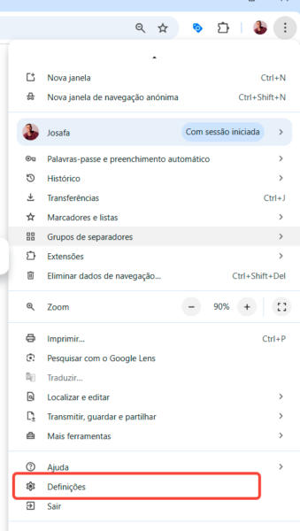configurações > vá a definições > google chrome