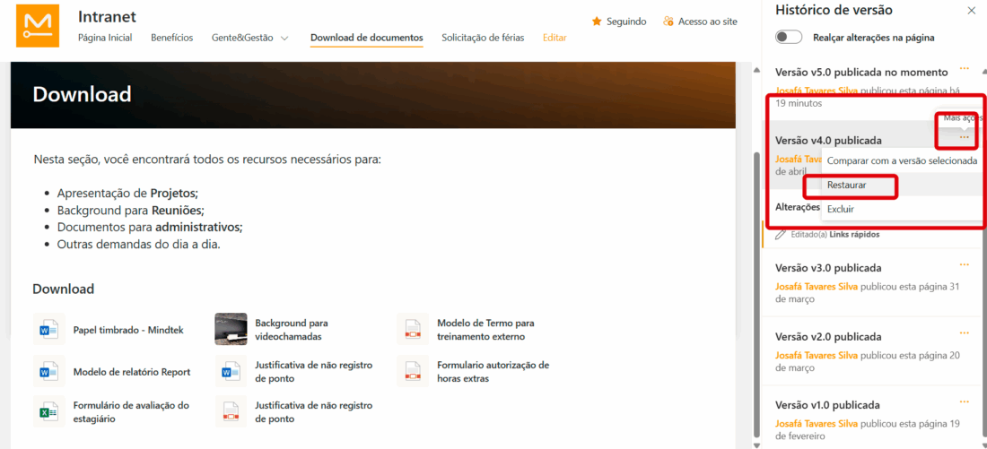 como restaurar um documento no sharepoint