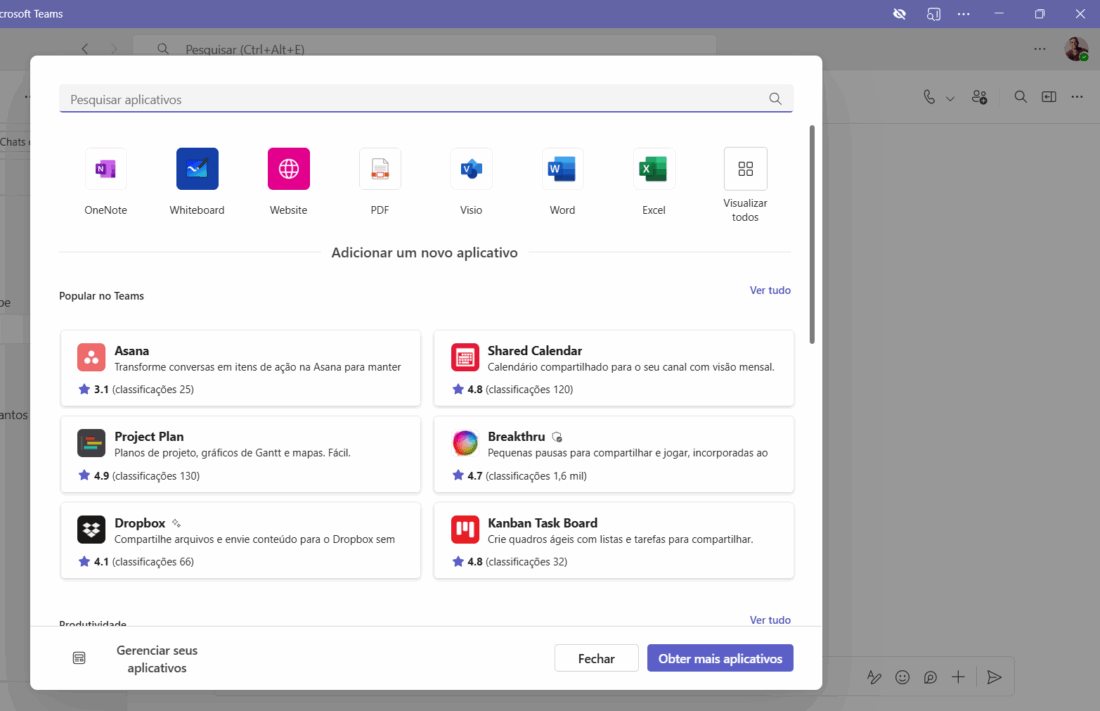 adicionar aplicativos no grupo ou na conversa privada no teams