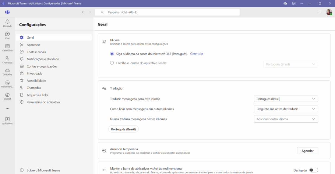 Configurações gerais no teams