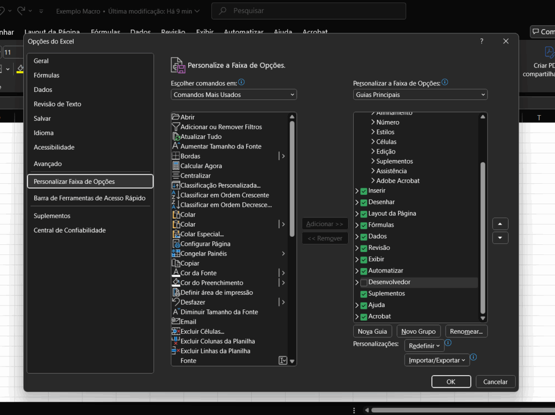 Como habilitar modo desenvolvedor no excel