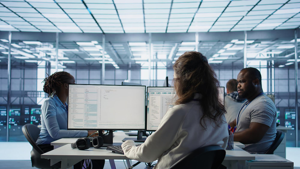 Duas mulheres e branca e um homem preto sentadas trabalhando em notebooks.